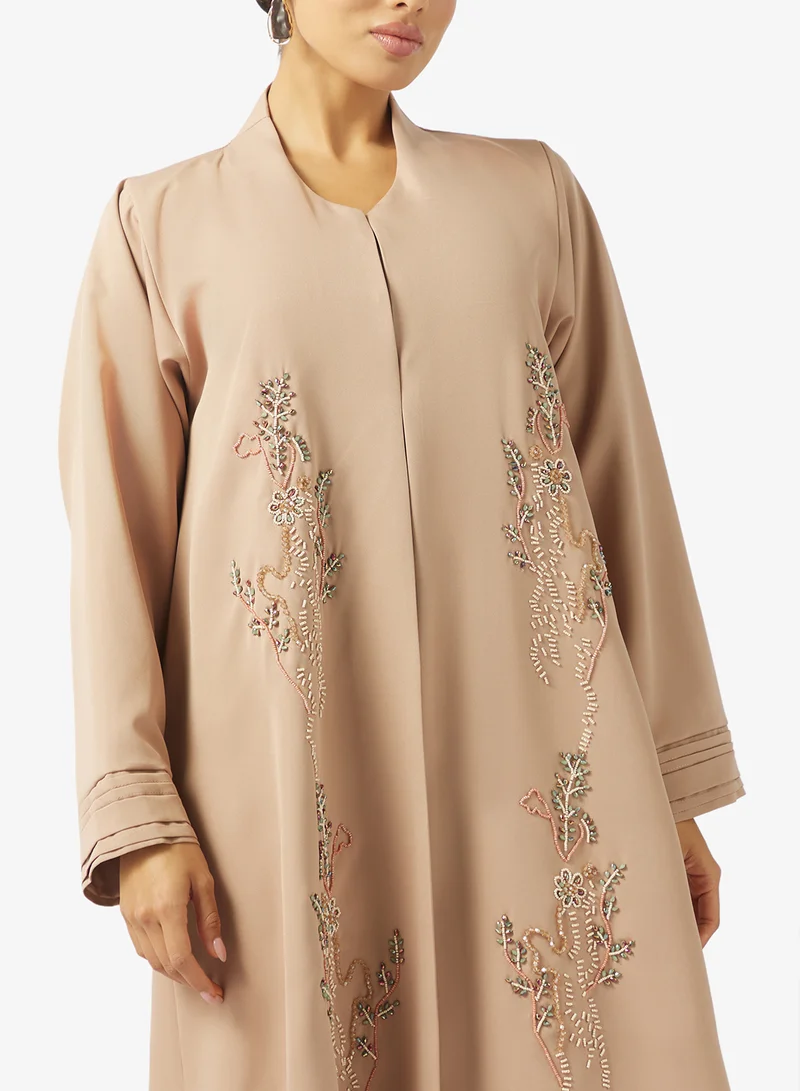 hayas closet  Floral Embellished Open Front Round Neck Abaya for Women | Best Price UAE
